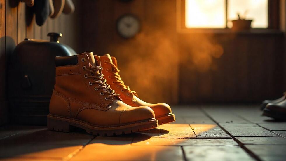 A pair of the steel-toe work boots drying off in a cosy room with a light from a near window cascading down onto them