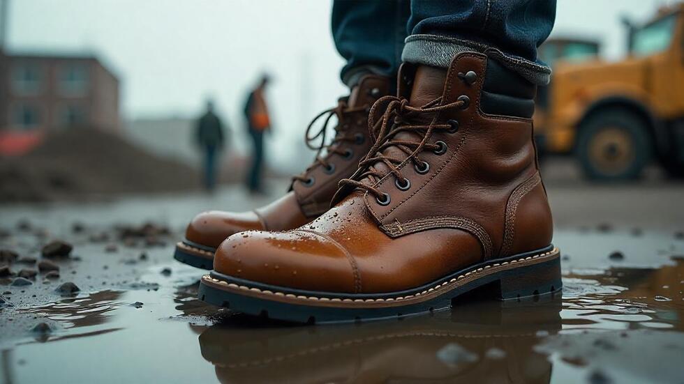 Close-up of a pair of brown leather work boots standing in a puddle on a muddy construction site, with visible water droplets on the boot surface, illustrating waterproof protection.