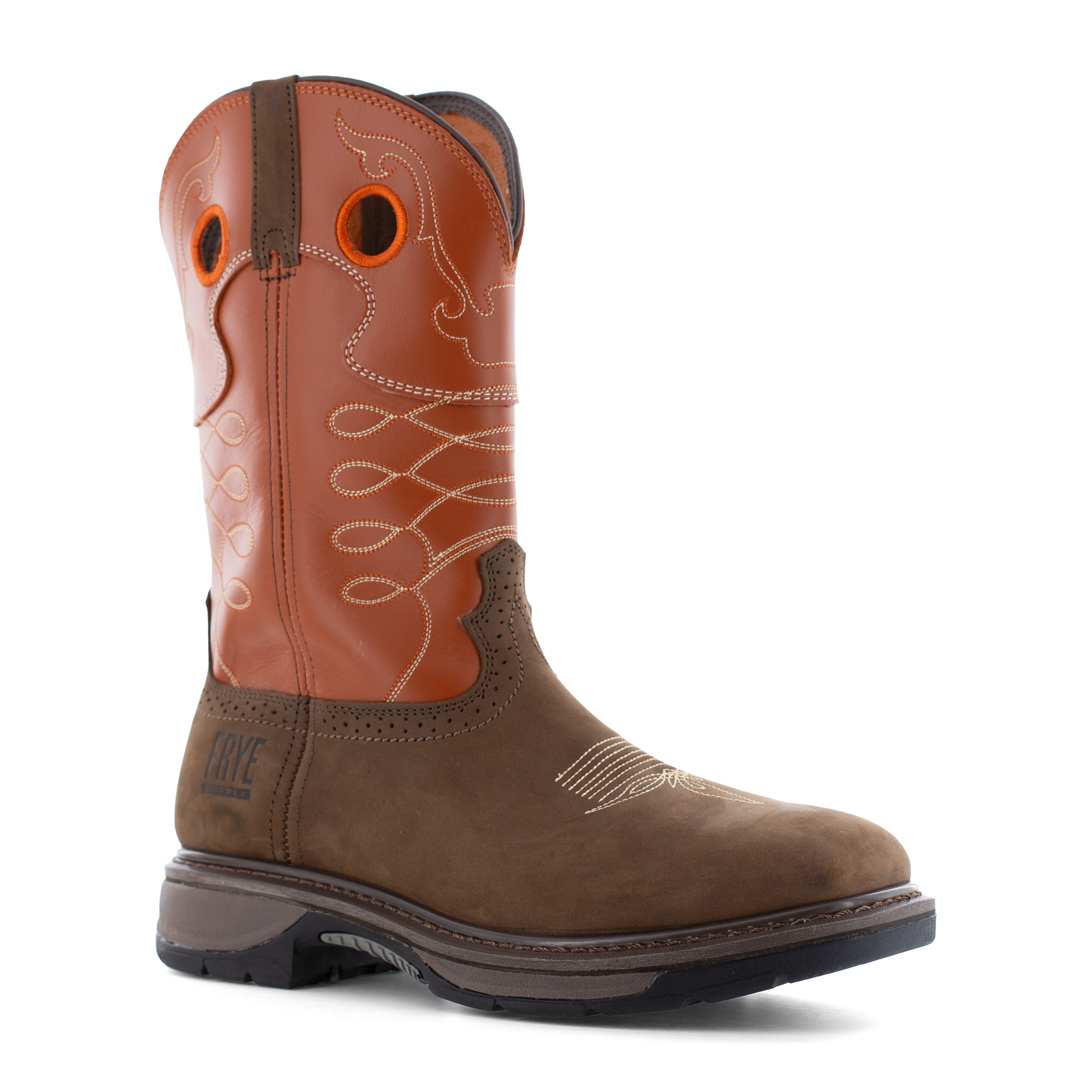 Frye Supply Men's Crafted 10" Steel Toe Western Work Boot- Brown- FR40102 6 / Medium / Brown/Burnt Orange - Overlook Boots