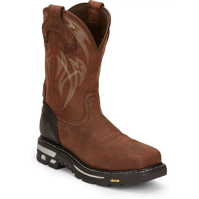 Justin Men's Frontline Hiviz 11" WP Western Work Boot -Brown- CR2151 8 / Medium / Brown - Overlook Boots