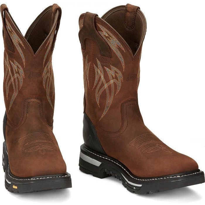 Justin Men's Frontline Hiviz 11" WP Western Work Boot -Brown- CR2151  - Overlook Boots