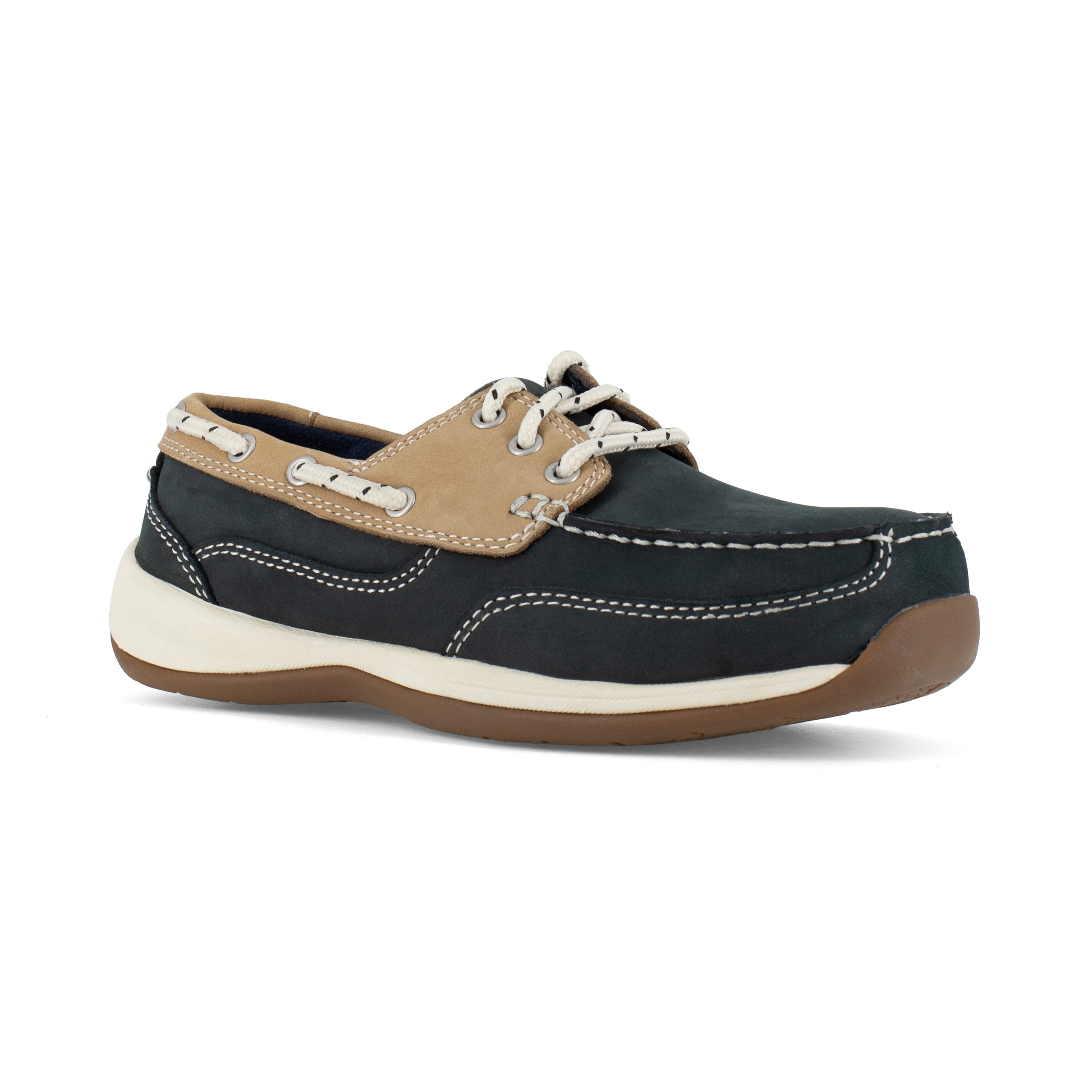 Rockport Women's Sailing Club Steel Toe Three Eye Tie Boat Shoe- Blue- RK670 6 / Medium / Navy Blue/Tan - Overlook Boots